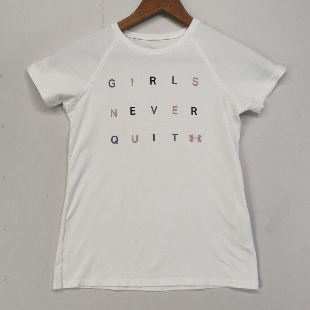 Girls Under Armour Shirt Lot Small10/12 White Girls Never Quit Black Tank - Picture 8 of 16